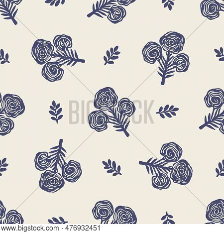 Quirky Floral Lino Cut Motif Vector Pattern. Seamless Decoration Of Whimsical Foliate Design For Mod