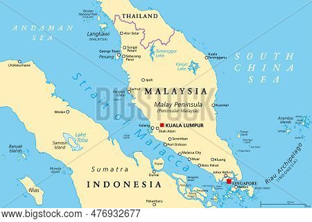 Strait Of Malacca, Political Map. Important Shipping Lane And A Main Shipping Channel Between Malay 