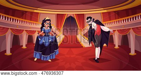 Masquerade People Scene. Vampire And Queen At Ball, Palace Room, Invitation To Dance, Curtsey Costum