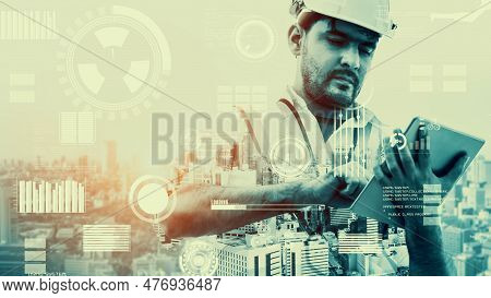 Future Building Construction And Inventive Engineering Project Concept With Hud Hologram Graphic Des