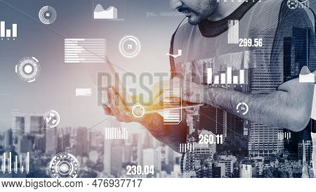 Future Building Construction And Inventive Engineering Project Concept With Hud Hologram Graphic Des