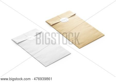Blank White And Craft Rectangle Paper Bag With Sticker Mockup, 3d Rendering. Empty Papery Packet For