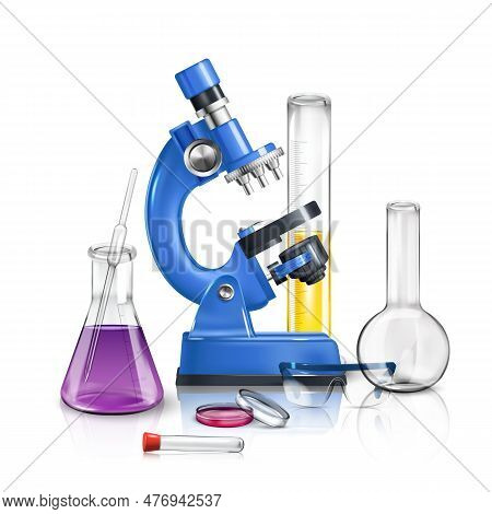Science Laboratory Realistic Composition Consisting Of Microscope And Flasks With Chemical Reagents 