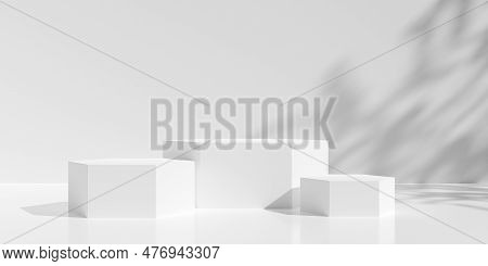Three Empty, Blank, Hexagon Shaped Podiums Or Dais In White Room Background With Tree Shadow On The 