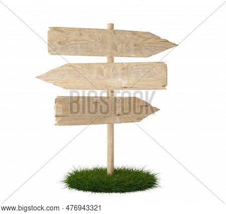 Three Empty, Blank Wooden Arrow Signs On Green Grass Patch With Room For Text, Wooden Board Directio