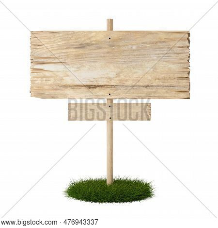 Big And Small Empty, Blank Wooden Signs On Grass Patch With Room For Text, Wooden Board Sign Templat