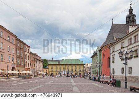Krakow, Poland - June 06 2019: The Small Market Square (polish: Mały Rynek) Near The Main Market (po