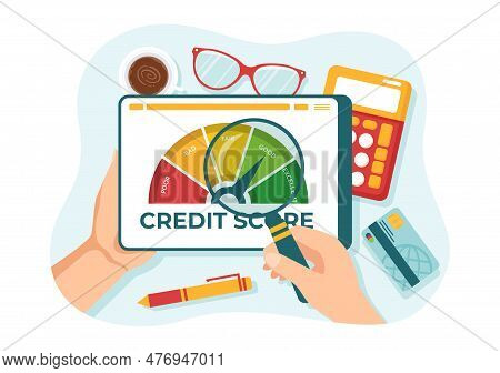 Credit Score Vector Illustration With Loan Arrow Gauge Speedometer Indicator From Poor To Good Rate