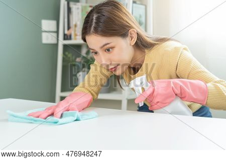 Happy Cleanliness, Asian Young Woman Working Chore Cleaning On Table, Hand Wearing Glove Using Rag R