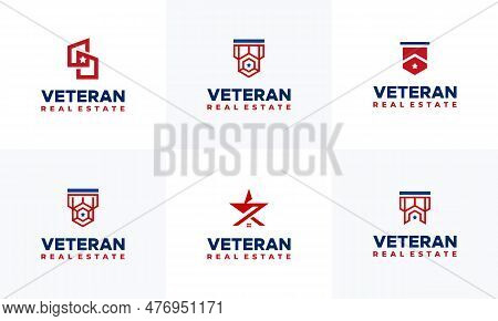 Set Of Star House Real Estate Logo Concept, Creative House Logo Design With Star And American Flag C