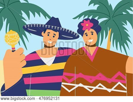 Mexican Couple, Man And Woman In National Costumes, Pancho And Hat Taking Selfie On Background Of Pa