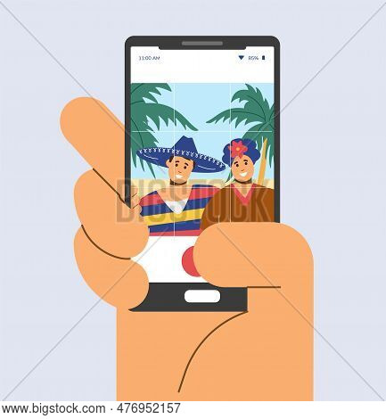 Vector Illustration Of Mobile Phone In Hand With Picture Of Mexican Couple In National Costumes, Pan