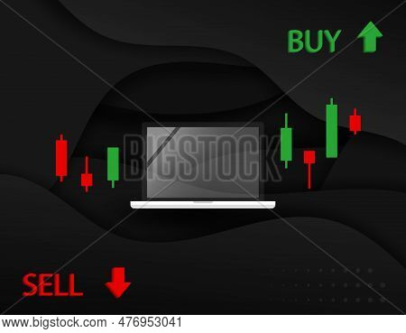 Stock Market Chart Template With Red And Green Candle Stick, Graph ,laptop, And Trading Icon On Blac
