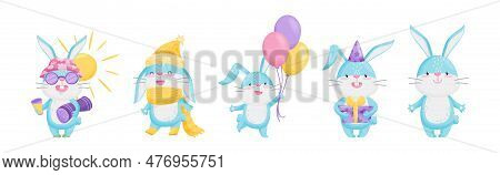 Cute Rabbit With Long Ears Engaged In Different Activities Vector Set