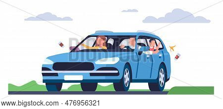Driver And Passengers Are Throwing Garbage Out Car Window. Bad Behavior, Environmental Pollution, Ga