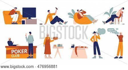 People With Addictions. Different Harmful Habits. Men And Women Suffering From Alcoholism. Eating Di