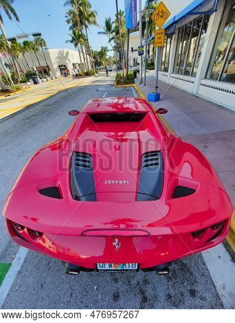 Los Angeles, California Usa - March 24, 2021: Red Ferrari F8 Tributo Luxury Car Back Closeup View.