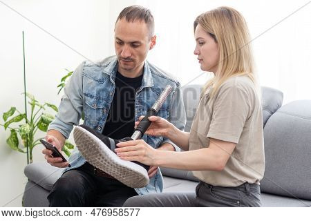 Modern Hospital Physical Therapy: Doctor Uses Tablet Computer, Helps Disabled Patient With Injury Wa