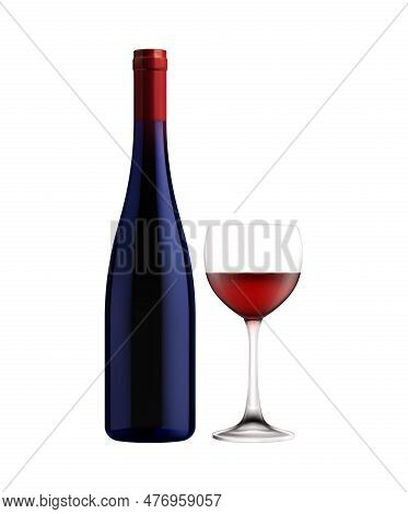 Wine Types Bottles Glasses Realistic Composition With Isolated Front View Of Bottle And Glass With D