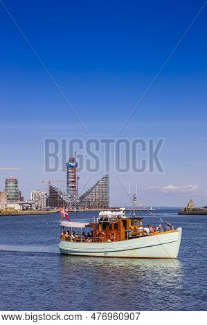 Arhus, Denmark - September 01, 2021: Boat Taking Tourists On A Tour In The Harbor Of Aarhus, Denmark