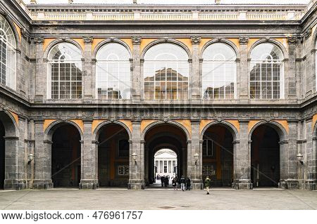 Naples, Italy - February 25, 2023: The Yard Of The Royal Palace In The Historical Center Of Naples, 