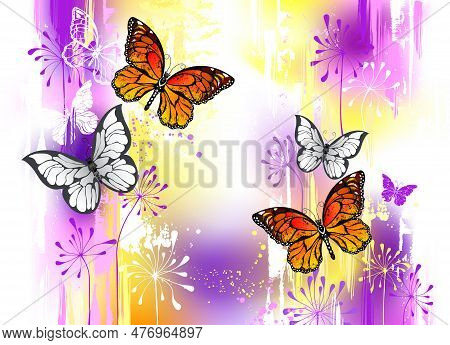 Artistically Drawn, Detailed Monarch Butterflies And White Butterflies On Painted Large Brush Stroke