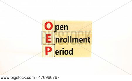 Oep Symbol. Concept Words Oep Open Enrollment Period On Beautiful Wooden Block. Beautiful White Tabl