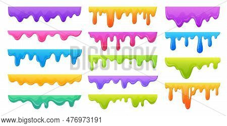 Cartoon Slime Streaks Borders. Liquid Sticky Dripping Spots, Mucus Splashes Flat Vector Illustration