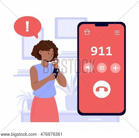 Girls Calls 911 Concept. Woman With Smartphone Calling Number. Dangerous Situations And Emergency.