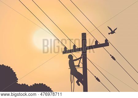 Illustration Of Lineman With Electrical Installation On The City For Electrical Service Modern Vecto
