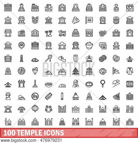 100 Temple Icons Set. Outline Illustration Of 100 Temple Icons Vector Set Isolated On White Backgrou