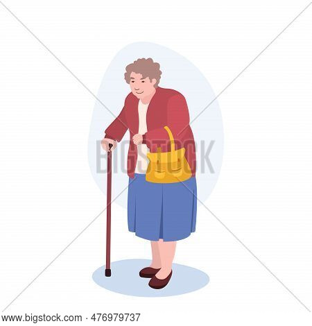 Old Lady With Cane Illustration. Woman, Bag, Pensioner, Stick. Editable Vector Graphic Design.