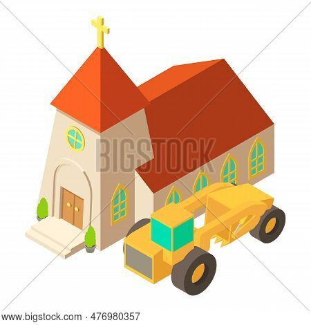 Grader Work Icon Isometric Vector. Construction Grader Near Church Building Icon. Construction Work,