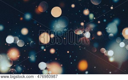 Sparks Glimmer Fire Flakes Glitter Particles Bokeh Background, Blurry Color Lights On Black