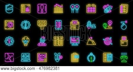 Failed Startup Icons Set Outline Vector. Broken Crash. Rocket Down Neon Color On Black