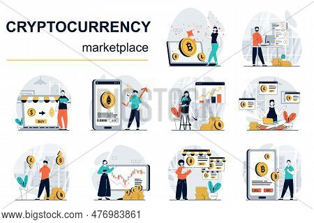Cryptocurrency Marketplace Concept With Character Situations Mega Set. Bundle Of Scenes People Analy