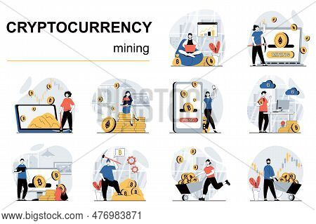 Cryptocurrency Mining Concept With Character Situations Mega Set. Bundle Of Scenes People Analysing 