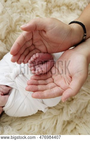 Feet Of The Newborn On The Palms Of The Parents. The Palms Of The Father And Mother Are Holding The 