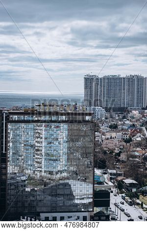 Odessa, Ukraine - March 15, 2023: Aerial View Of Gagarin Hotel.   Arkadia Resort District, Coast Bla