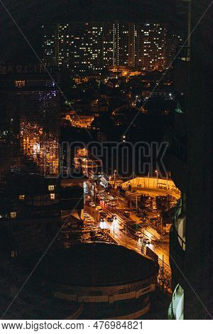 Odessa, Ukraine - March 15, 2023: Night Dark Aerial View Of Gagarin Hotel.   Arkadia Resort District