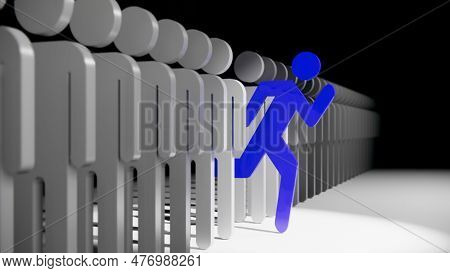 Human 3d Blue Stick Figure Standing Out From Crowd 3d Illustration