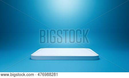 Empty White Rectangular Podium Pedestal On Blue Background Minimal For Product Display With Copy Spa