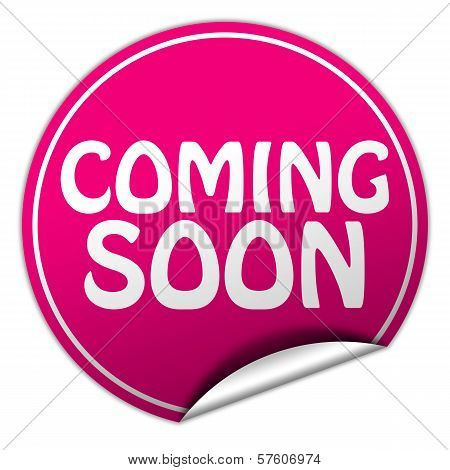 Coming Soon Round Pink Sticker On White Background
