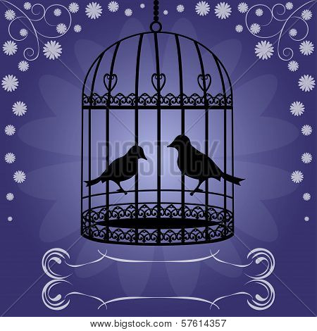 Birdcage On Blue Floral Background