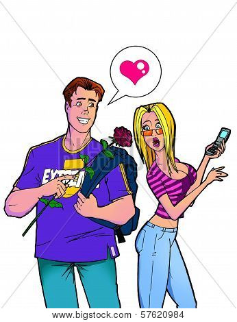 Young Man Giving Flower To Woman
