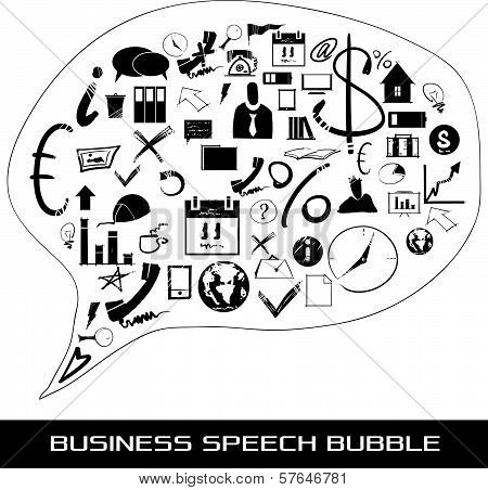 A speech bubble containing multicolored pictures related to business, marketing and data