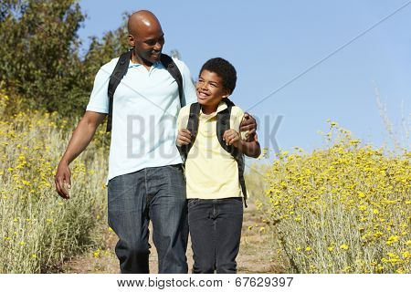 Father and son on country hike