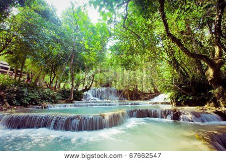 Kuangsi  Waterfall In Deep Forest In Laos