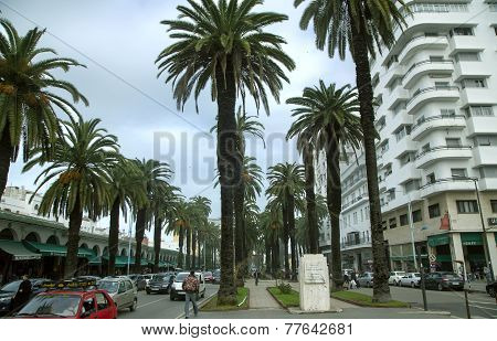 Central boulevard with hotels and shops in Casablanca