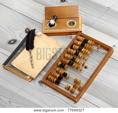 Abacus Accounting Wooden Vintage Pencil Ink Pot Book Office Set